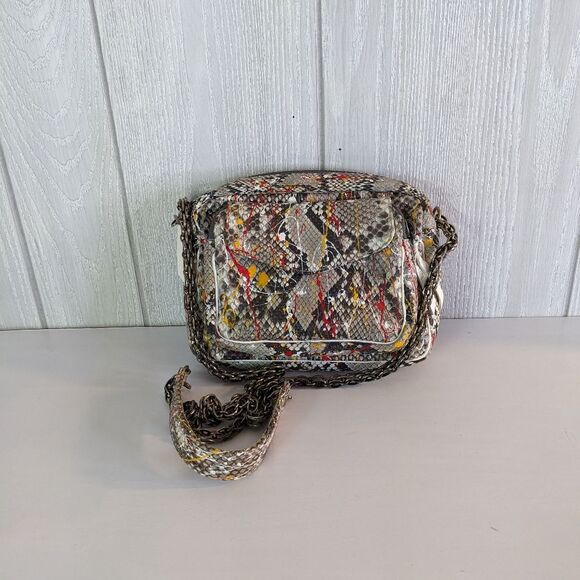 CLARIS VIROT Charly Python Shoulder Bag Brown With Paint Splatter Design EUC - Picture 1 of 15